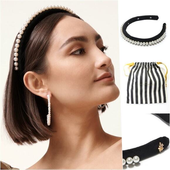 RARE Lele Sadoughi Pearls Jet Black Velvet Headband - Picture 1 of 9